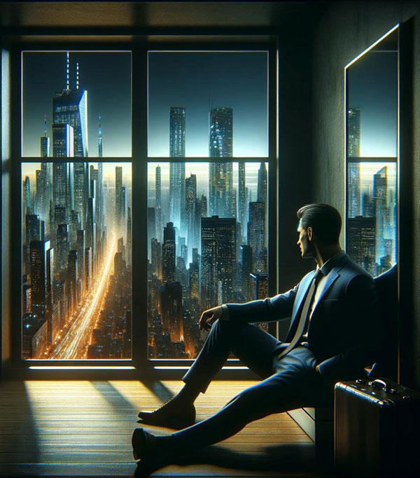 Daniel Tomic casually leans against the wall beside a mirror, gazing through a window at a digitally-enhanced, futuristic New York City skyline of 2099